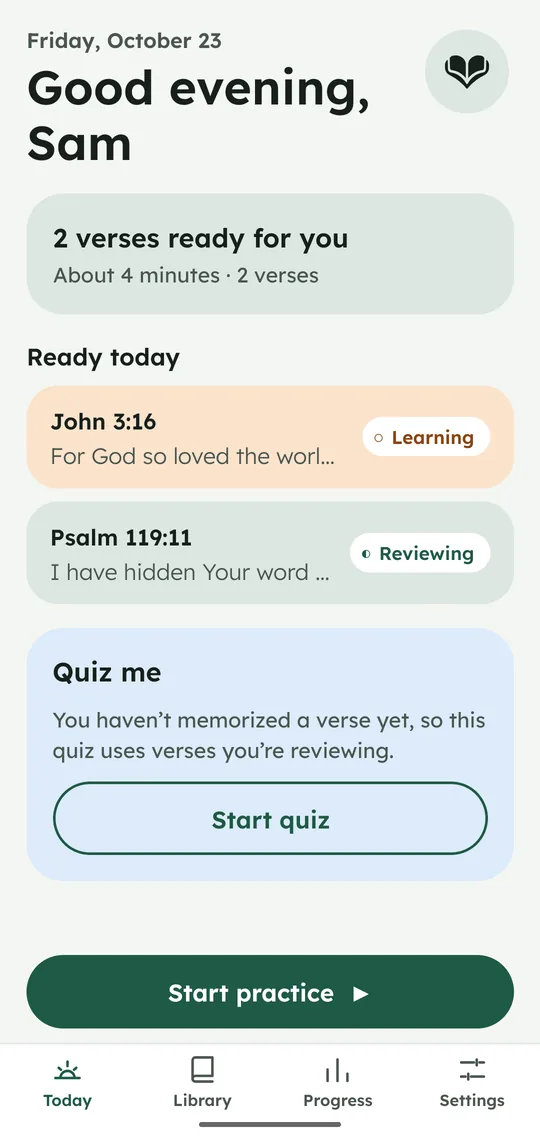 The Today screen of the Tsafan Bible memory app showing two verses ready to practice and a Start practice button