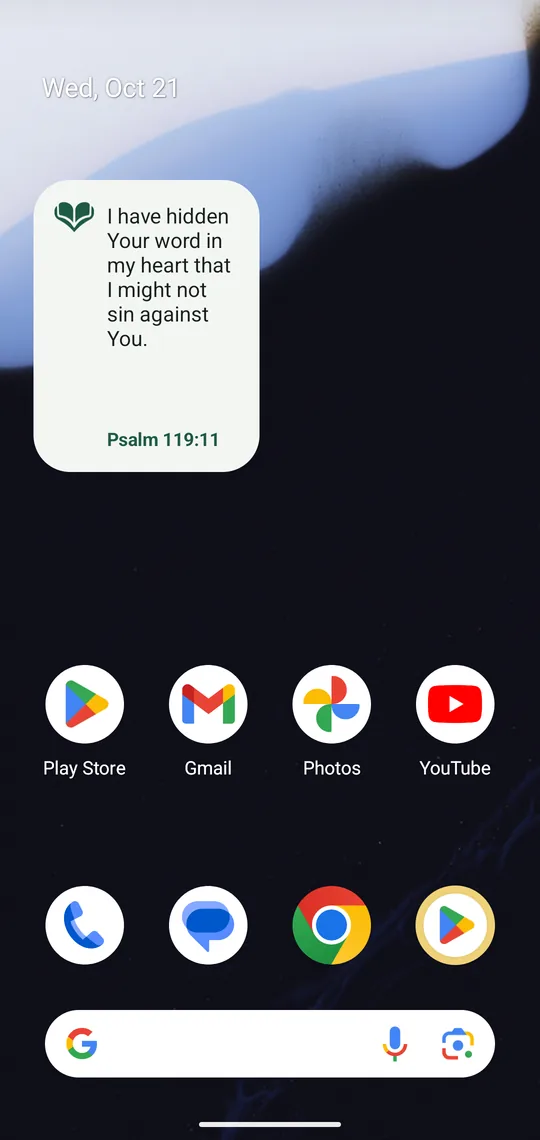 The home screen with a Tsafan widget showing Psalm 119:11