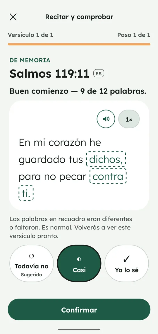 Tres botones para calificarte: Todavía no, Casi, Ya lo sé