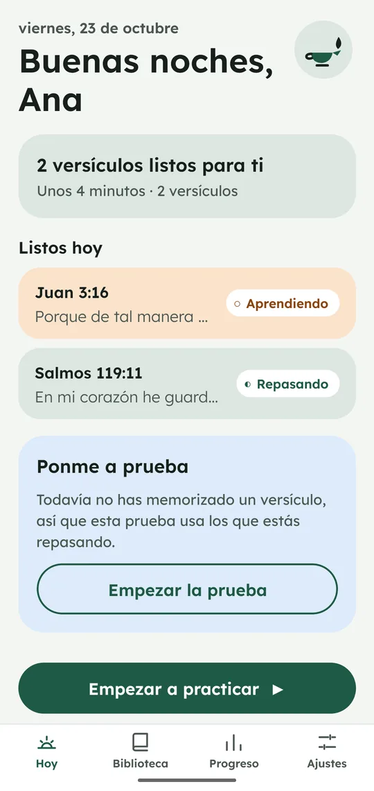 La pantalla de hoy de la app para memorizar la Biblia Tsafan, con dos versículos listos para practicar y un botón para empezar