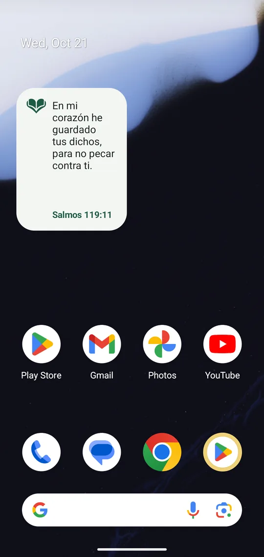 La pantalla de inicio con un widget de Tsafan que muestra el Salmo 119:11